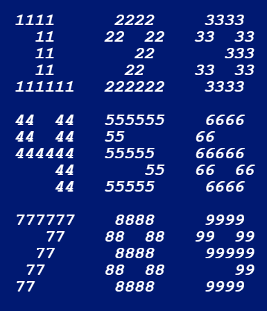 This example creates a drawing of integer digits, which are constructed from the same smaller integer digits. You'll see that the large digit 1 consists of sixteen small ones, the large digit 2 consists of eighteen small twos, etc. Each integer uses bold italic font, 24 pixels in size. We add a 20px padding around the self-referencing integers and draw them in white color on a blue background.
